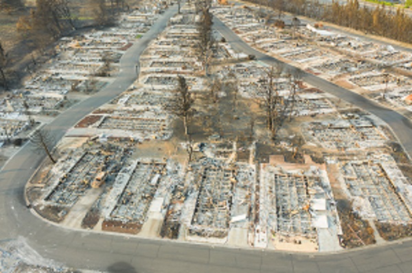 aerial view of a burned down trailer park.