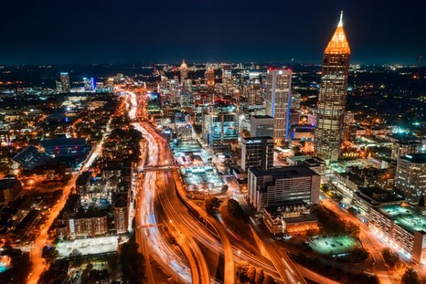 Overhead view of downtown Atlanta at night.