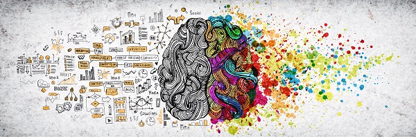 Left right human brain concept, textured illustration. Creative left and right part of human brain, emotion and logic parts concept with social and business doodle illustration and art paint splashes