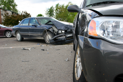 A car accident at an intersection involving two vehicles