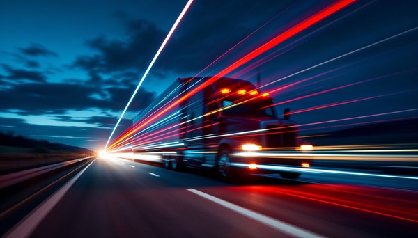 Long exposure of semi-truck at night with red and white light trails in motion. (1461907600)