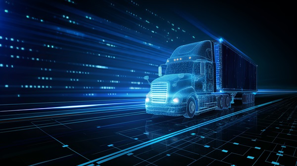 Futuristic digital illustration of a semi-truck made of glowing blue lines and data patterns moving along a virtual highway. (825548336)