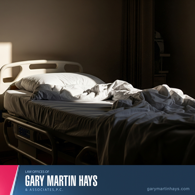 Empty hospital bed with rumpled sheets in dim lighting, symbolizing a tragic loss and wrongful death case.