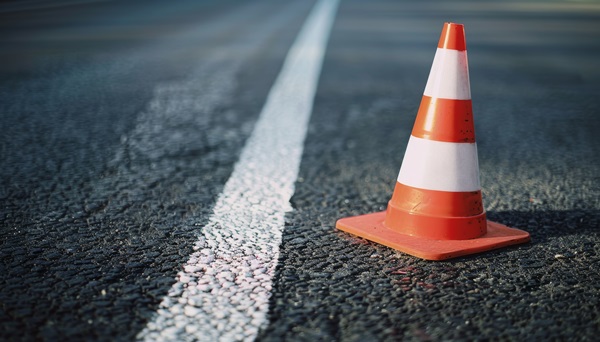 An orange and white striped traffic cone sitting on a paved asphalt road next to a solid white line. (829228590)