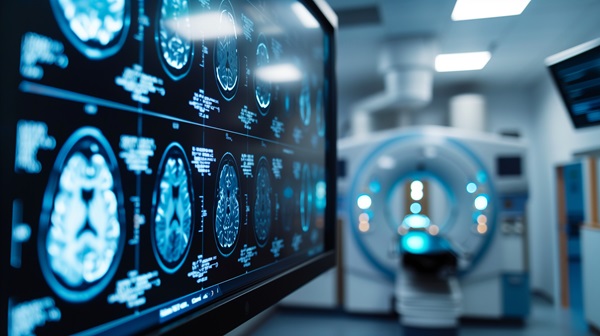A high-resolution medical monitor in the foreground displays several detailed cross-sectional brain scans. In the soft-focus background, a modern MRI machine stands in a brightly lit, sterile clinical suite. (749549228)