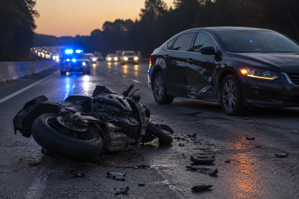 A destroyed motorcycle lies on a wet Georgia highway at dusk next to a damaged sedan with police emergency lights visible in the background, depicting a fatal or serious motorcycle versus car collision and the disproportionate injury risk Georgia motorcyclists face compared to passenger vehicle occupants.