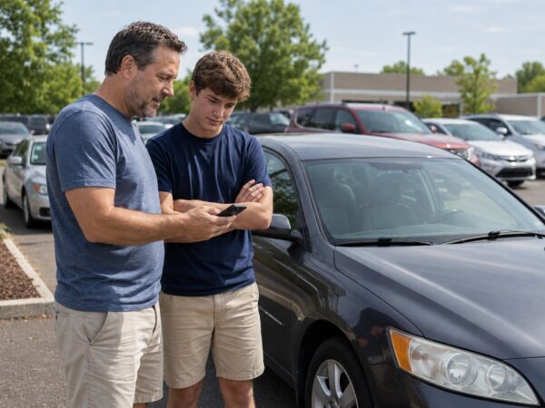 A father and his teenage son stand next to a dark gray sedan in a car dealership lot, looking together at a smartphone screen, representing parents researching the Insurance Institute for Highway Safety (IIHS) safest used cars list for teen drivers in Georgia.