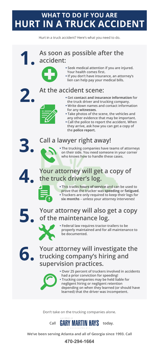 Infographic outlining six steps to take after a truck accident, including seeking medical care, documenting the scene, contacting a lawyer, and reviewing trucking company records.