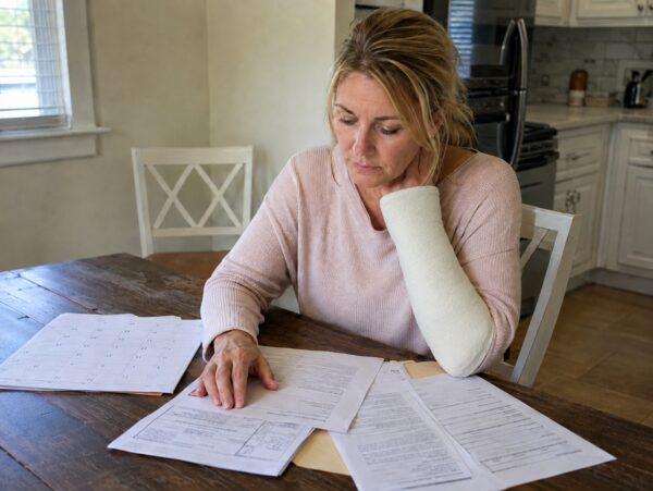 A woman with a white arm cast rests her injured arm on a kitchen table while reviewing legal documents and a calendar with a concerned expression, depicting a Georgia car accident victim tracking the statute of limitations deadline for filing a personal injury lawsuit under Georgia's two-year filing requirement.