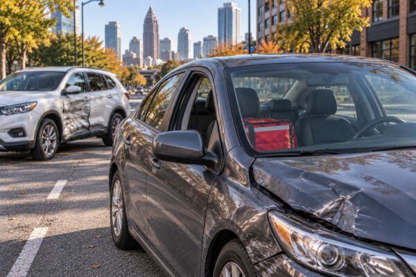 Damaged food delivery car with a red insulated bag on the passenger seat after a collision with another vehicle on an Atlanta street.