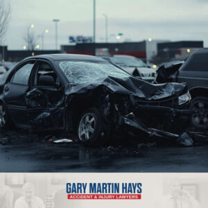 Severely damaged white car with a crushed front end following a collision with a black vehicle.