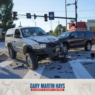 SUVs in the road with debris following an Atlanta car crash