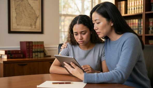 A mother and daughter looking at a tablet together