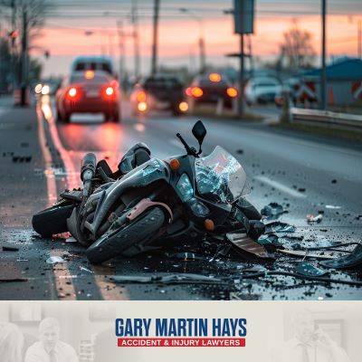Damaged motorcycle on the highway following a serious motorcycle accident.