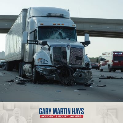 After a Marietta truck accident, a damaged truck sits in the road