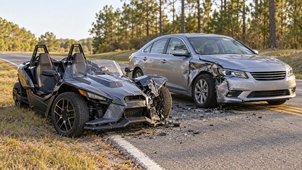 Damaged three-wheeled autocycle with a crushed front end next to a silver sedan with front-end damage on a pine-lined Georgia highway after a collision.